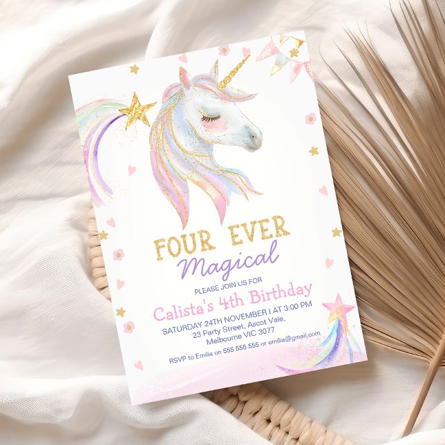 Invitation Unicorne rose or quatre jamais magique 4e annivers (Pastel Unicorn 4th Birthday Invitation Template, Four Ever Magical Unicorn Birthday Invitation)