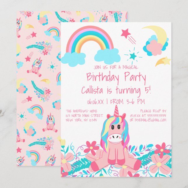 Invitation Unicorne rose Rainbow Moon Stars Fleurs Anniversai (Devant / Derrière)