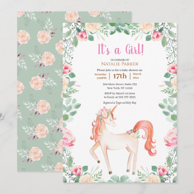 Invitation Unicorne rose Rose Floral Greenery Baby shower fil (Devant / Derrière)