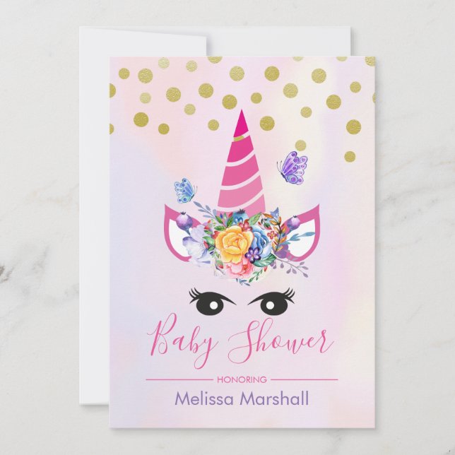 Invitation Unicorne rose tendance avec Baby shower de fleurs (Devant)