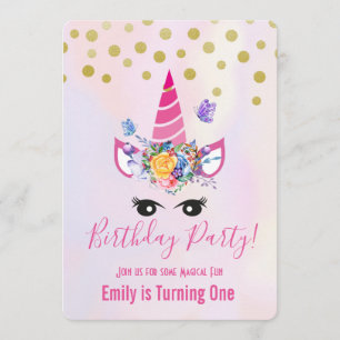 Invitation Unicorne rose tendance avec fleurs fête d'annivers