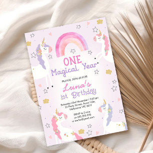 Invitation Unicorne rose violet une année magique 1er anniver