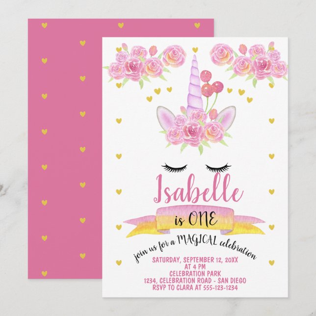 Invitation Unicorne Visage rose Aquarelle Florales Anniversai (Devant / Derrière)