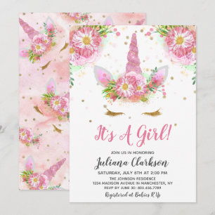 Invitation Unicornes dans le Baby shower en fleur
