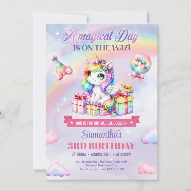 Invitation Unicornes magiques Purple Aquarelle 3ème anniversa (Devant)