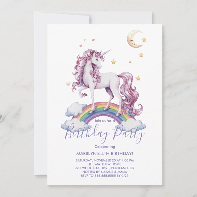 Invitation Unicornes magiques Purple Aquarelle fête d'anniver (Devant)