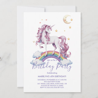 Invitation Unicornes magiques Purple Aquarelle fête d'anniver