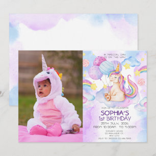 Invitation Unicornes magiques Purple Aquarelle fête d'anniver