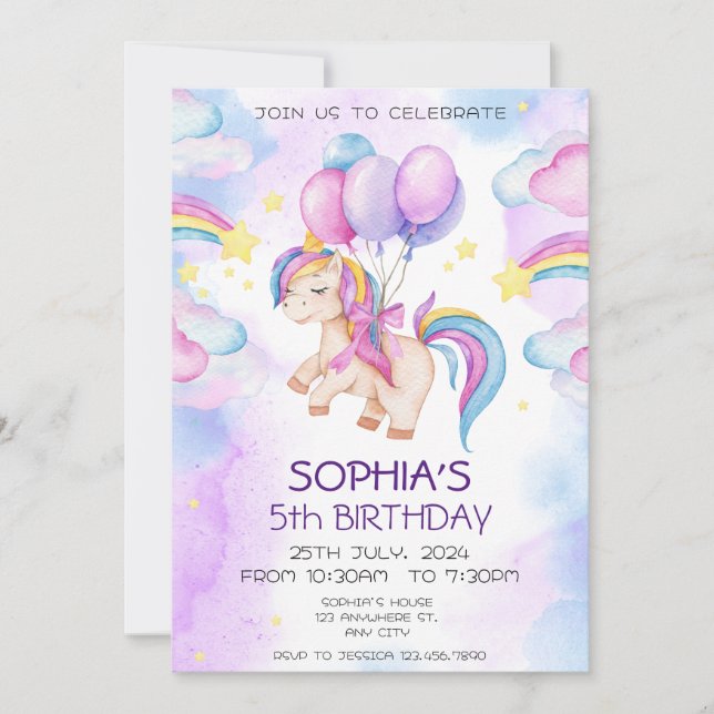 Invitation Unicornes magiques Purple Aquarelle fête d'anniver (Devant)