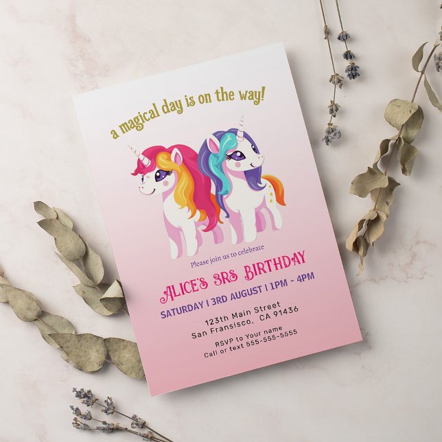 Invitation Unicornes magiques Rose Aquarelle fête d'anniversa (Créateur téléchargé)