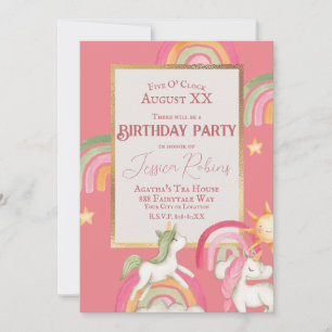 Invitation Unicornes mignonnes et arcs-en-ciel en rose