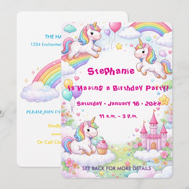 Invitation Unicorns & Rainbows Pastel Childs Birthday (Devant / Derrière)