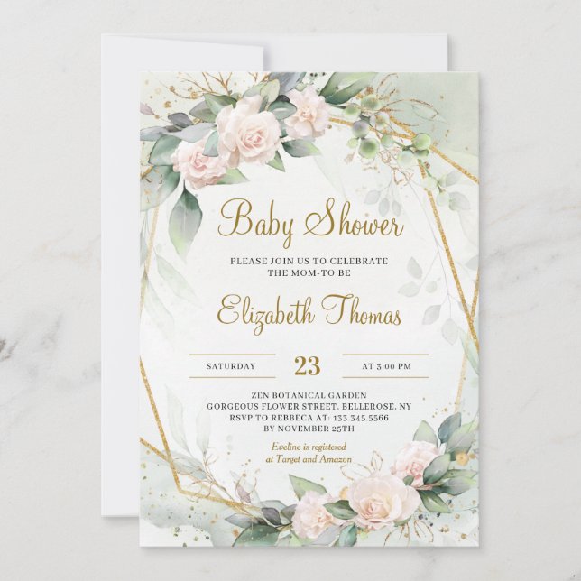 Invitation Unique Blush rose Floral Verdure Or Frame Baby (Devant)