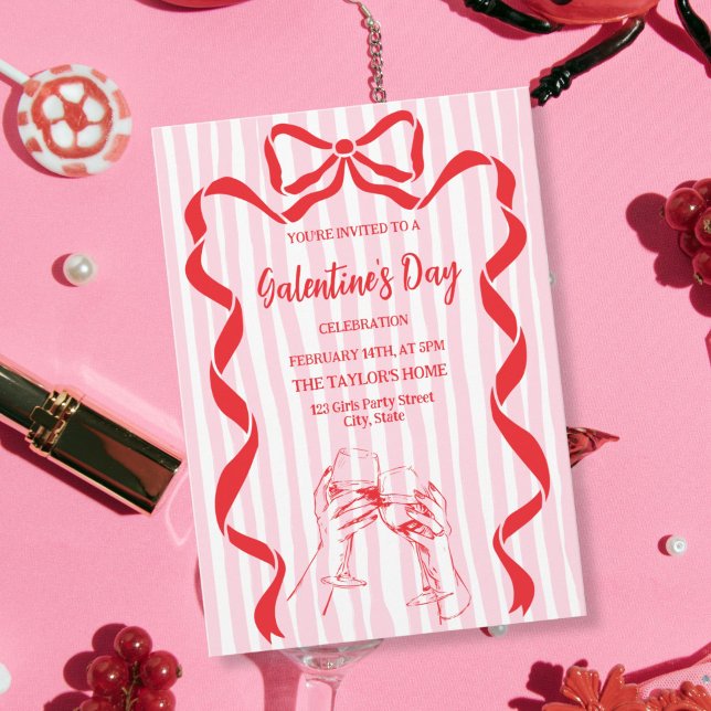 Invitation Unique Cocktail Galentine's Day Party Brunch  (red bow champagne girls galentine party invitation)