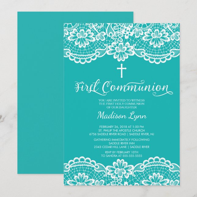 Invitation Unique dentelle Bleue Première Sainte Communion In (Devant / Derrière)