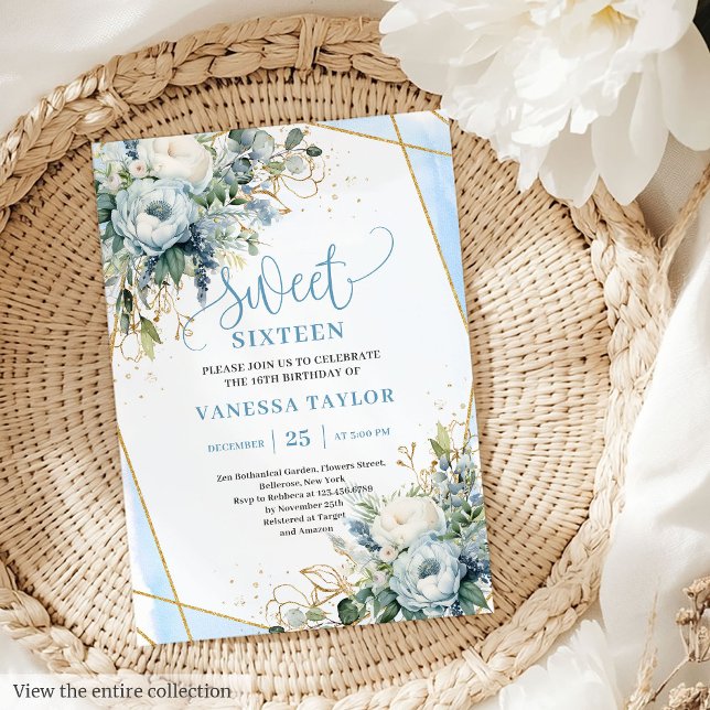Invitation Unique Dusty Bleu Bleu Fleurs d'or doux 16 (Unique Dusty Blue White Gold Flowers Sweet 16 Invitation)