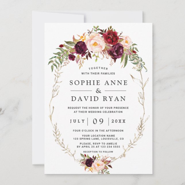 Invitation Unique Élégant Mariage d'or aux fleurs roses borde (Devant)