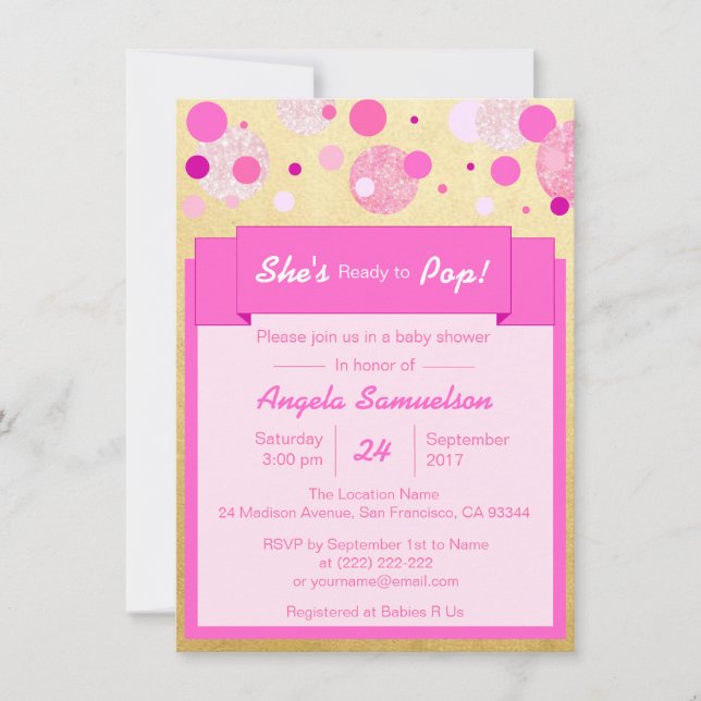 Invitation UNIQUE ELLE est PRÊTE À POP Baby shower d'or rose (Devant)