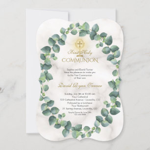 Invitation Unique Eucalyptus couronne d'or Croix sainte Commu