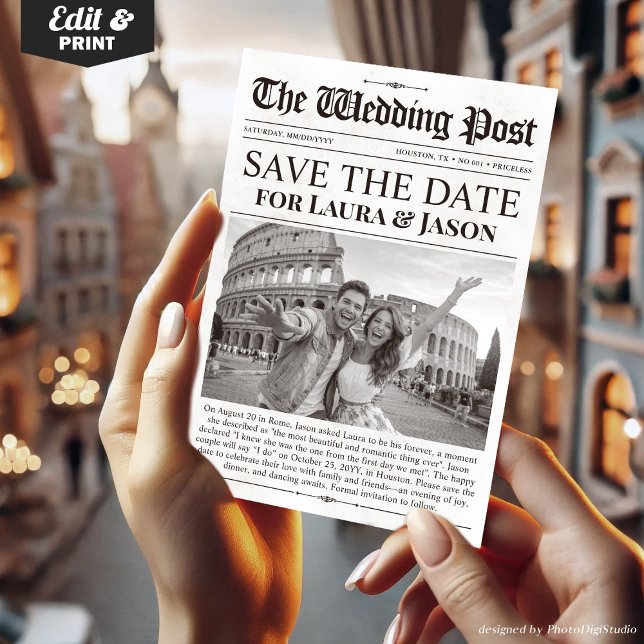 Invitation Unique Fun Photo Save the Date Wedding Newspaper (Unique Fun Photo Save the Date Wedding Newspaper Invitation)