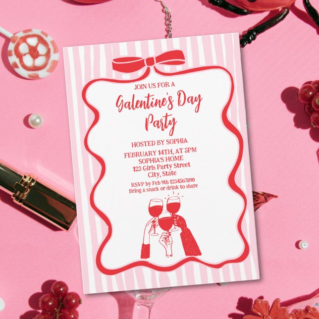 Invitation Unique Hand Drawn Pink Red Galentine's Day Party (Whimsy Hand Drawn Pink Red Galentine's Day Party Invitation)