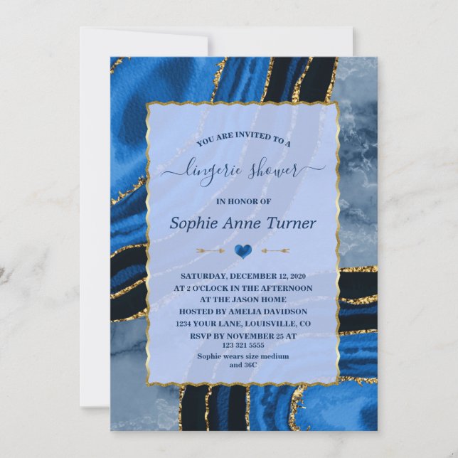 Invitation Unique Marine Blue Agate Or Marbre Lingerie Douche (Devant)