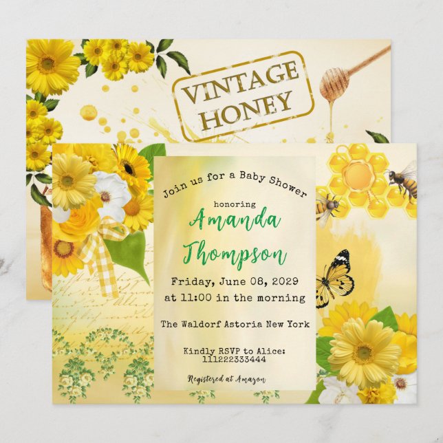 Invitation Unique miel, papillon jaune et Baby shower d'abeil (Devant / Derrière)