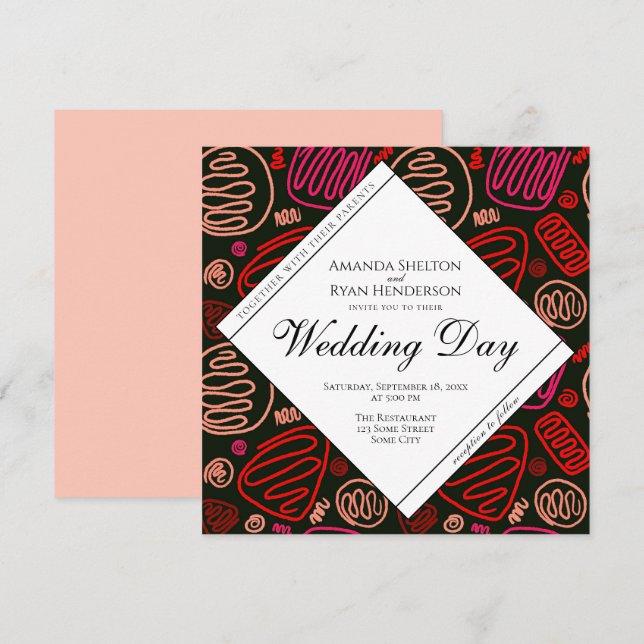 Invitation Unique Red Black Abstrait One Line Art Mariage (Devant / Derrière)