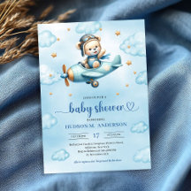Unique Teddy Bear Pilot Blue Brown Boy Shower Card