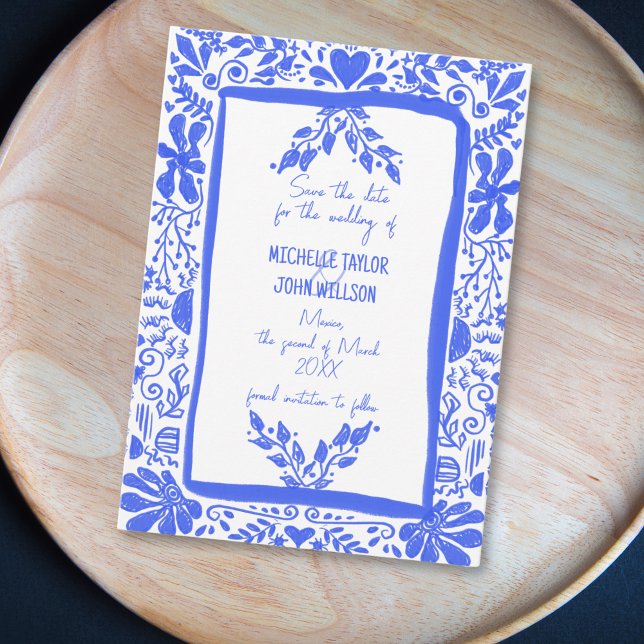 Invitation Unique tendance Doodle bleu main tiré Enregistrer  (french blue hand drawn save the date)