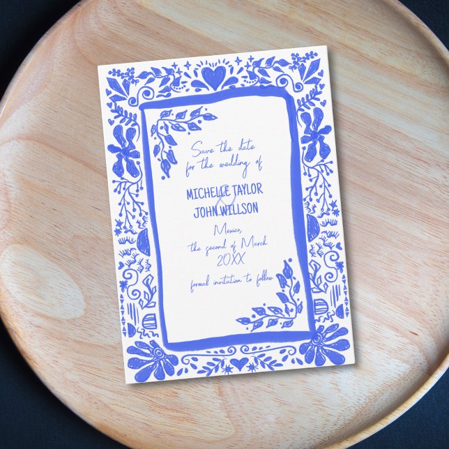 Invitation Unique tendance Doodle bleu main tiré Enregistrer  (french blue hand drawn frame)