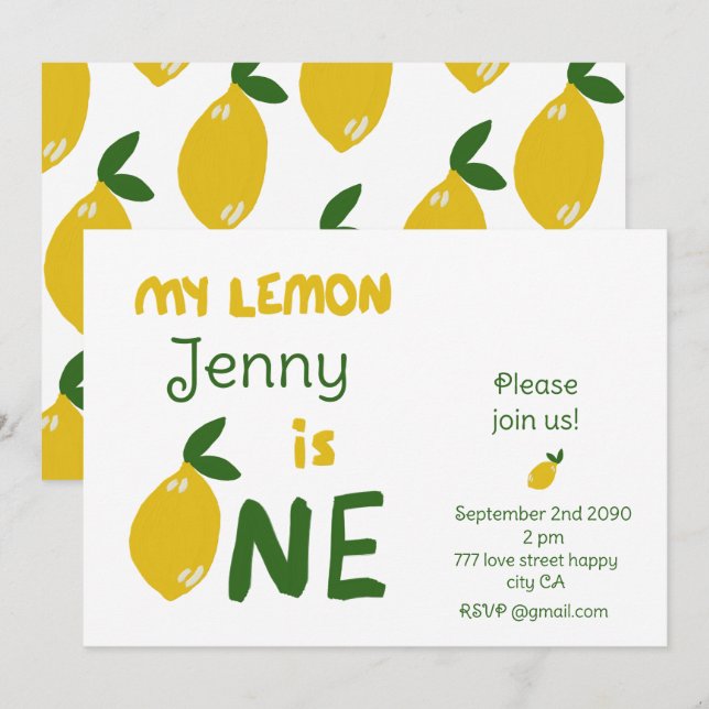 Invitation Unique Un an bébé anniversaire citron mignon (Devant / Derrière)