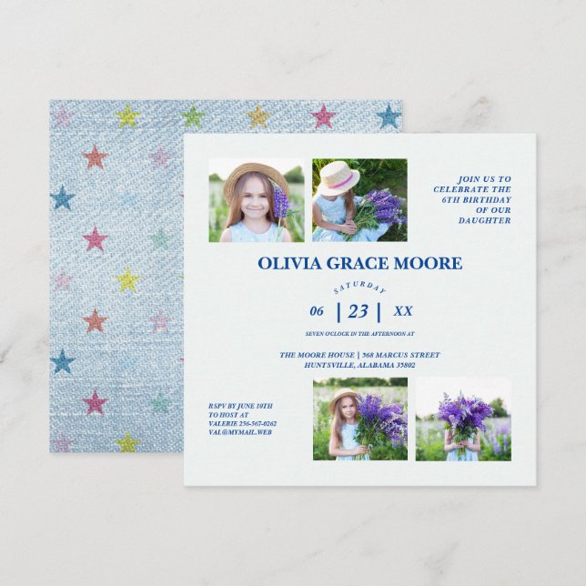 Invitation Unisex Denim Étoiles multicolores Enfants Annivers (Devant / Derrière)