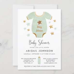 Invitation Unisex Green Gold Watercolor Baby shower rétro