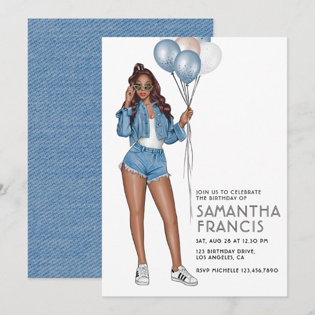 Invitation USA Denim thème Fête d'anniversaire fille (Devant / Derrière)