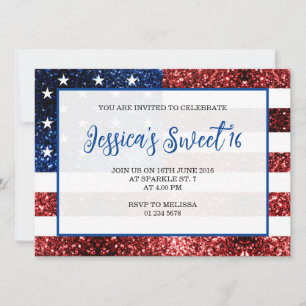 Invitation USA flag rouge bleu étincelles Sweet 16 élégant sc