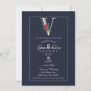Invitation V Monogramme Dernière Initiale Moderne Fleurs Bleu