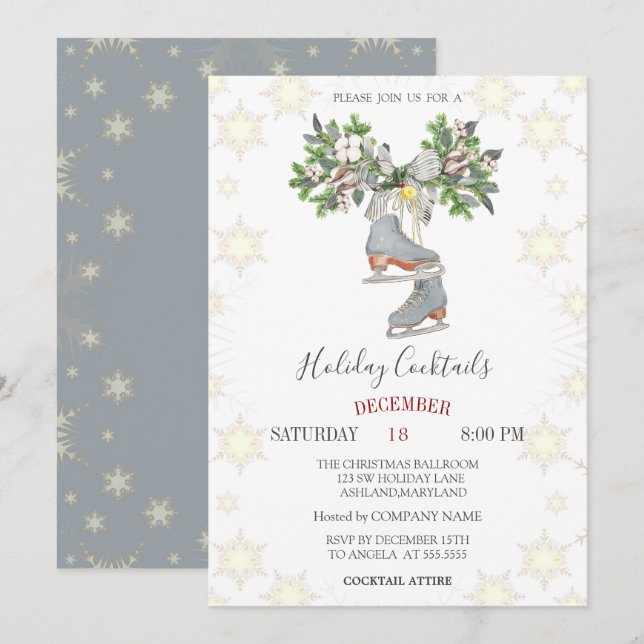 Invitation Vacances Cocktails Snowflakes Patins sur glace Noë (Devant / Derrière)