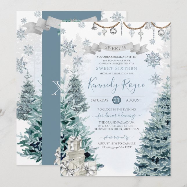 Invitation Vacances d'hiver Argent et Sweet sixteen de neige  (Devant / Derrière)