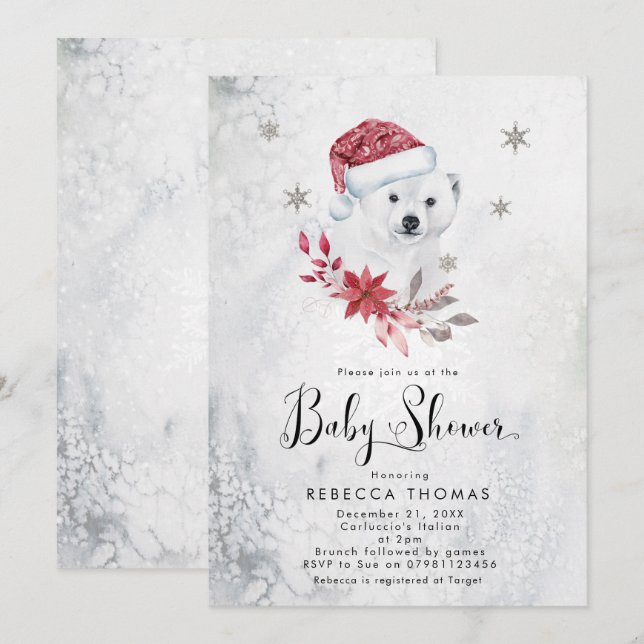 Invitation vacances d'hiver baby shower de l'ours polaire (Devant / Derrière)