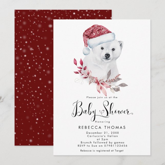 Invitation vacances d'hiver baby shower de l'ours polaire (Devant / Derrière)