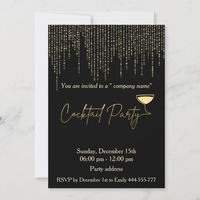Invitation Vacances en or moderne noir cocktail fête entrepri (Devant)