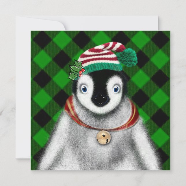 Invitation Vacances festives mignonnes Pingouin vert noir pla (Devant)