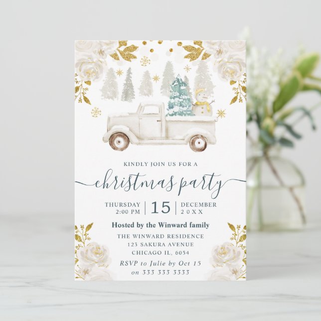 Invitation Vacances florales de Camion blanc et or d'hiver No (Debout devant)