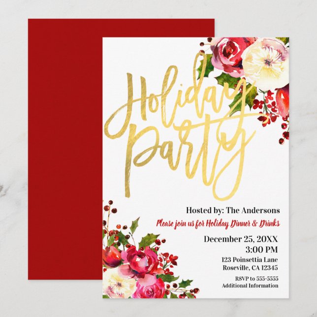 Invitation Vacances Gold Moderne Script Floral Berries (Devant / Derrière)
