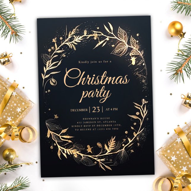 Invitation Vacances minimum Black Gold Soirée de Noël élégant (Minimal Black Gold Holiday Elegant Christmas Party Invitation)