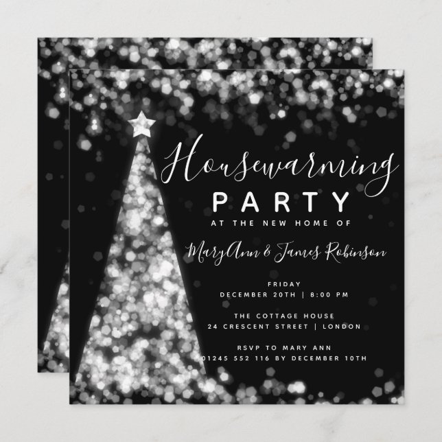 Invitation Vacances noires argentées de Noël de partie de (Devant / Derrière)