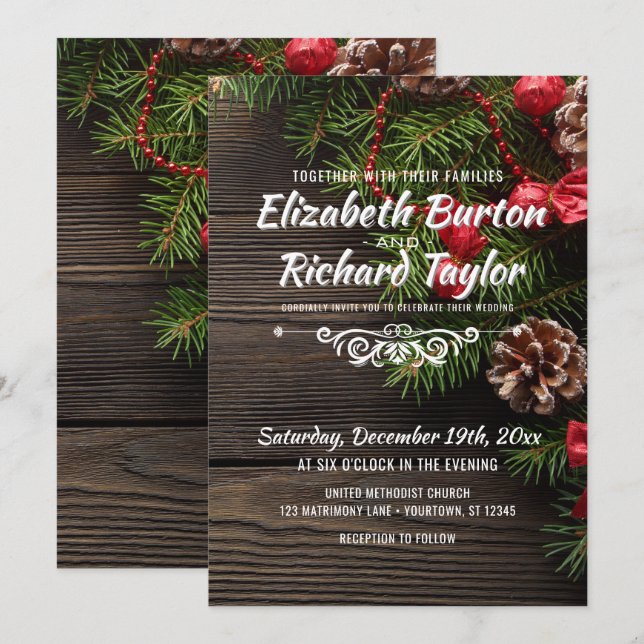 Invitation Vacances Rustiques Pine Wreath Mariage d'hiver (Devant / Derrière)