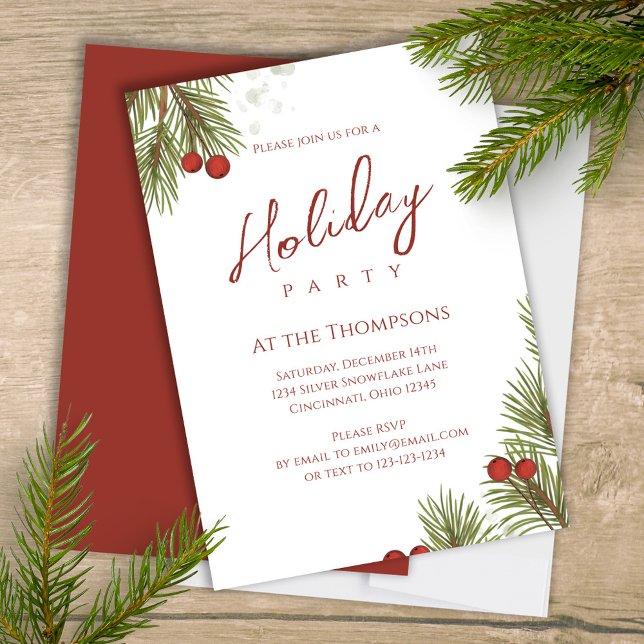 Invitation Vacances Simple Calligraphie Script Verdure Berrie (Elegant silver and pine branches greenery holiday Christmas party invitation. )