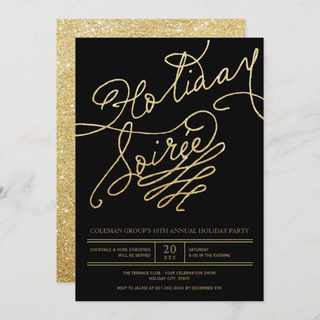 Invitation Vacances Soiree Gold Parties scintillant Script Cl (Devant / Derrière)